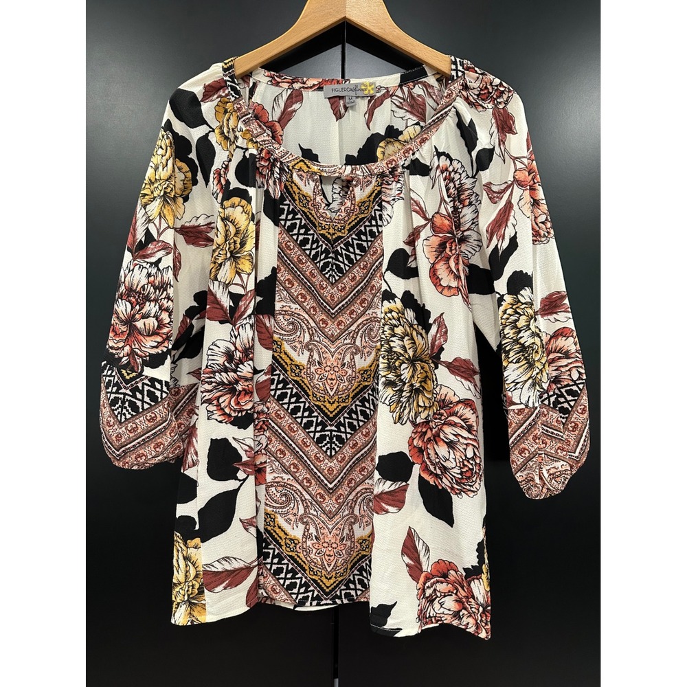 Figueroa & Flower Floral Paisley Boho Blouse Orange Yellow Cream Medium